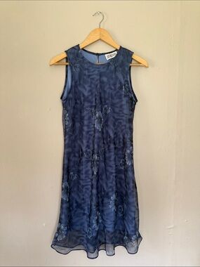 Vintage Jodi Michaels Navy Floral Midi Shift Dress medium